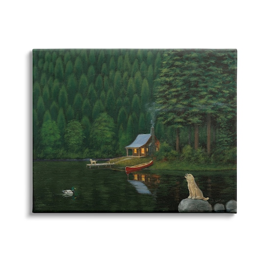Stupell Industries Log Cabin Lakehouse Scene Pet Dogs Tree Forest Canvas Wall Art